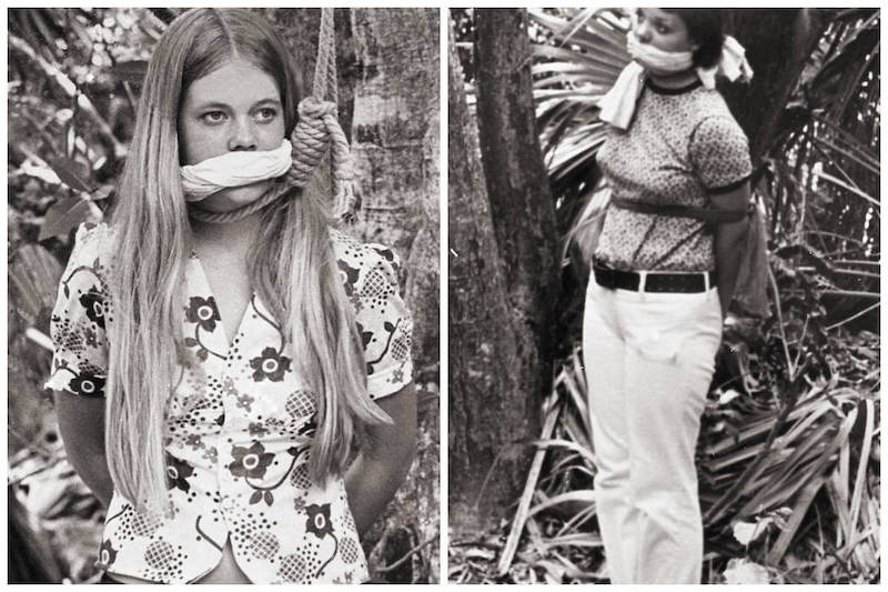 Paula “Sue” Wells and Nancy Trotter in a re-enactment of their abduction.