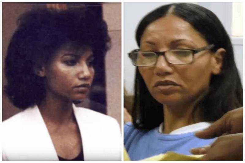 Omaima Nelson at trial and years later in prison
