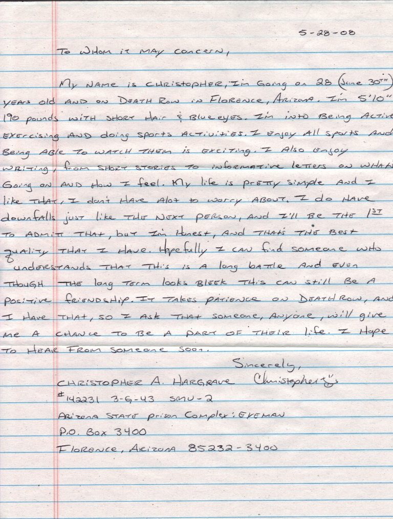 Christopher Hargrave Penpal Request
